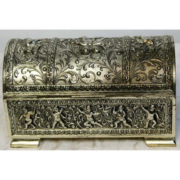 Vtg Silver Metal 3D Trinket Jewelry Box Cherubs Flower Dome Lid French Regency - Picture 3 of 10
